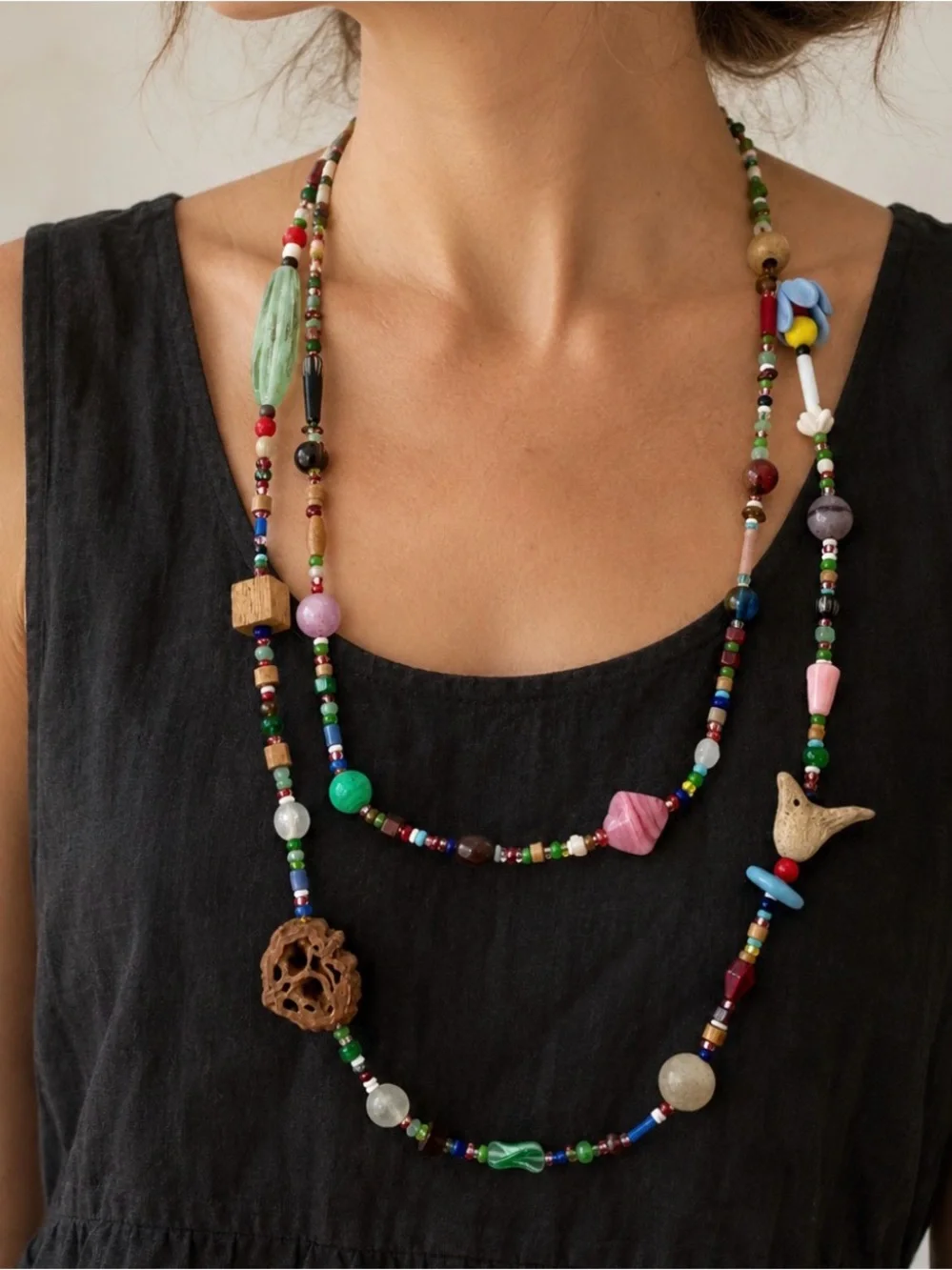 Vintage Artisan Collector Bead Necklace Handblown Glass Wood Clay Carved Bird Ex